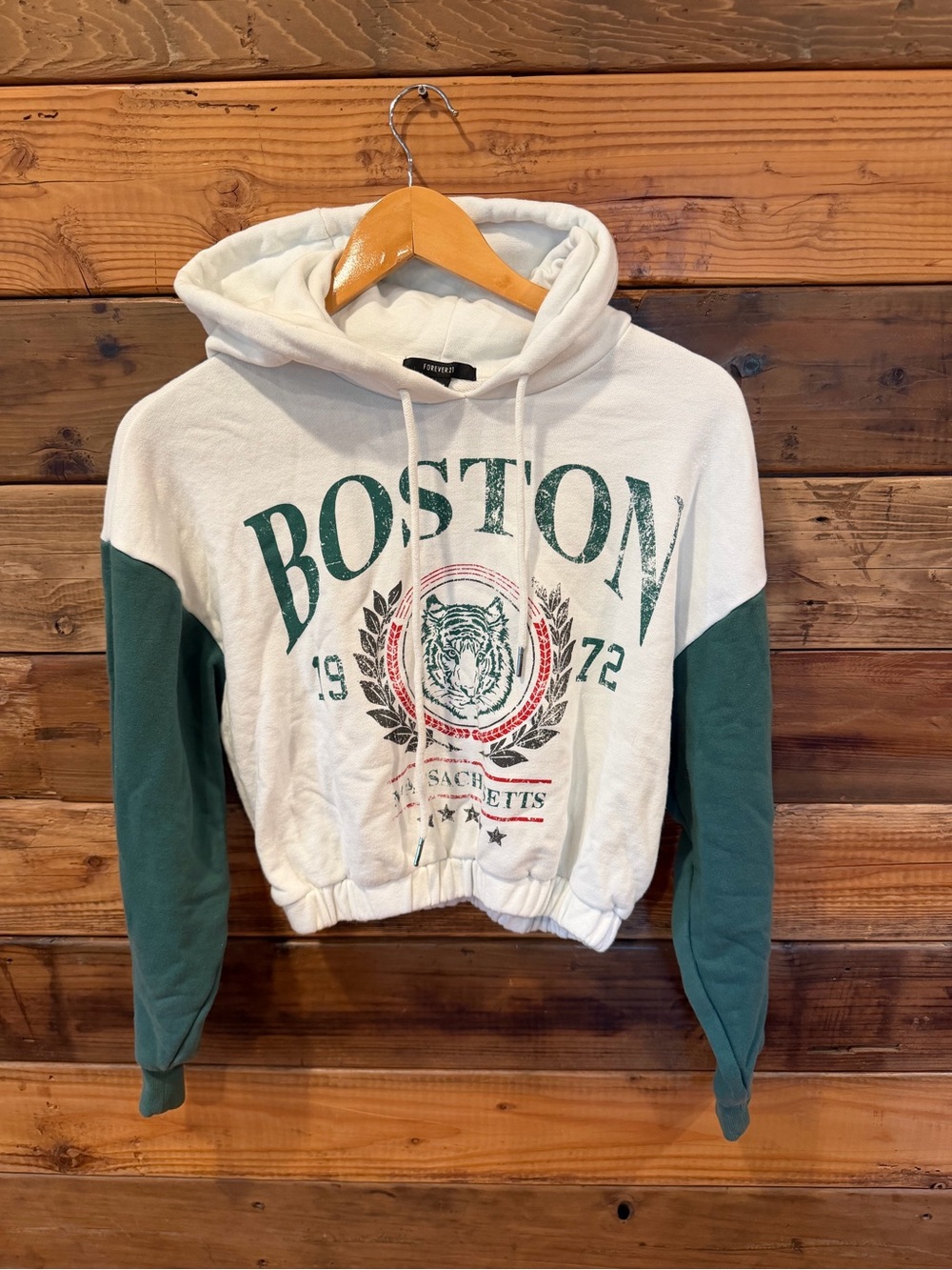 Boston Graphic Two-Tone Forever 21 Hoodie - White & Forest Green - S